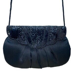 Vintage Black Beaded Satin  With Scalloped Flap Design & Long Strap Evening Bag